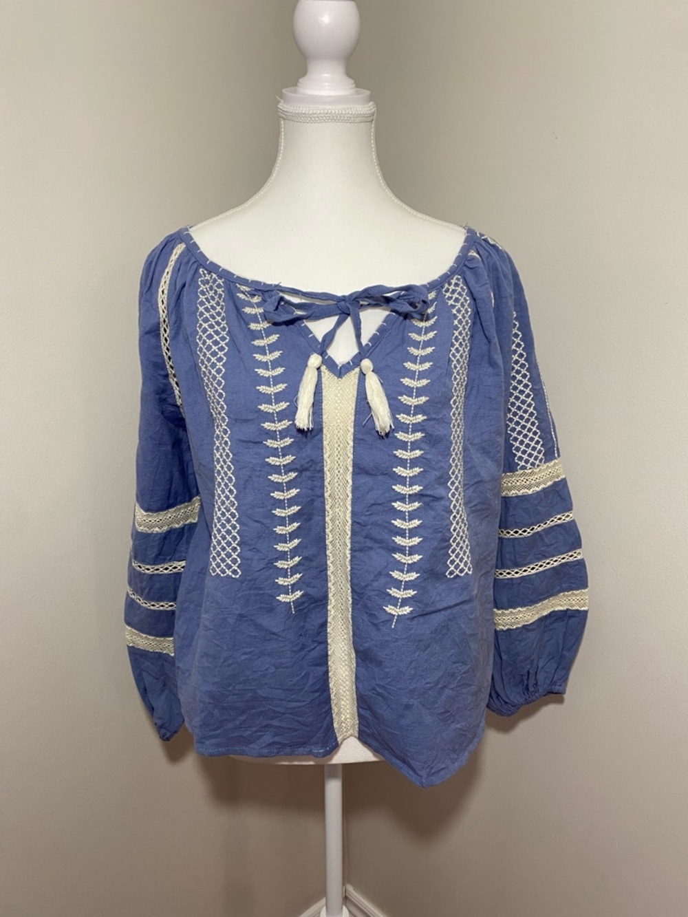 Boho Blue Embroidered Peasant Tunic with Tassel Tie Medium
